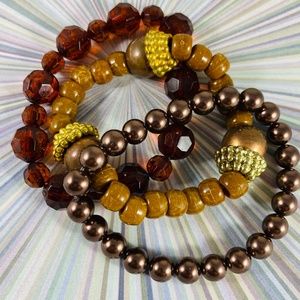 3 Vintage stretch bead bracelets Chocolate & Rust